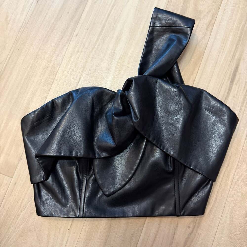 Milly Faux Leather One Shoulder Crop Top Size M Black